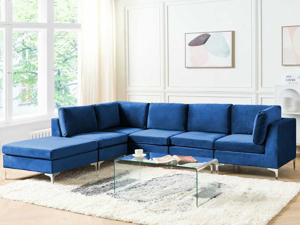 Beliani EVJA modulinė kampinė sofa 5 asmenims su pufu, mėlynas veliūras, dešininė