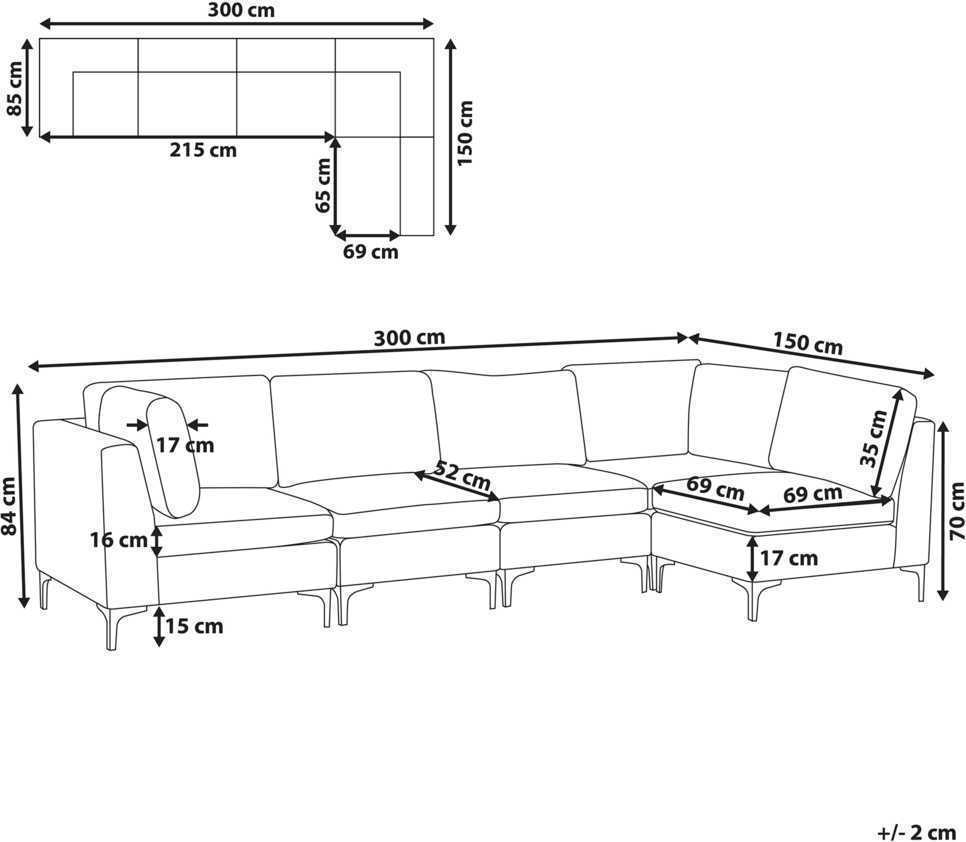 Beliani EVJA modulinė kampinė sofa 5 asmenims, tamsiai mėlyno veliūro, kairinė
