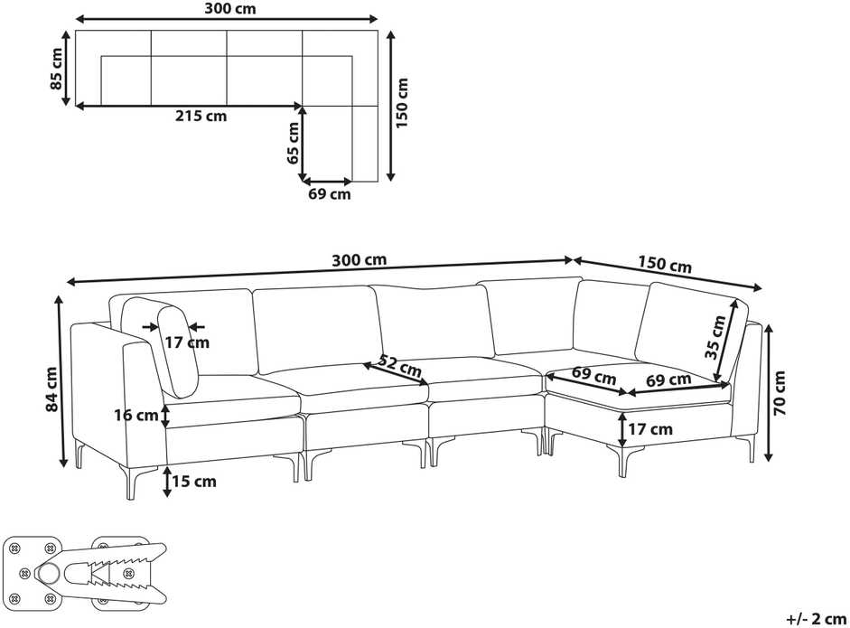 Beliani EVJA modulinė kampinė sofa 5 asmenims, tamsiai mėlyno veliūro, kairinė