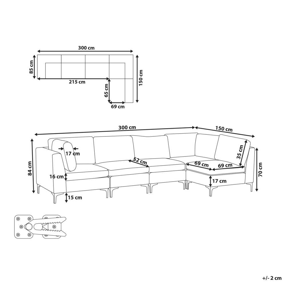 Beliani EVJA modulinė kampinė sofa 5 asmenims, tamsiai mėlyno veliūro, kairinė
