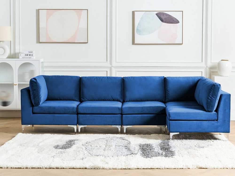 Beliani EVJA modulinė kampinė sofa 5 asmenims, tamsiai mėlyno veliūro, kairinė