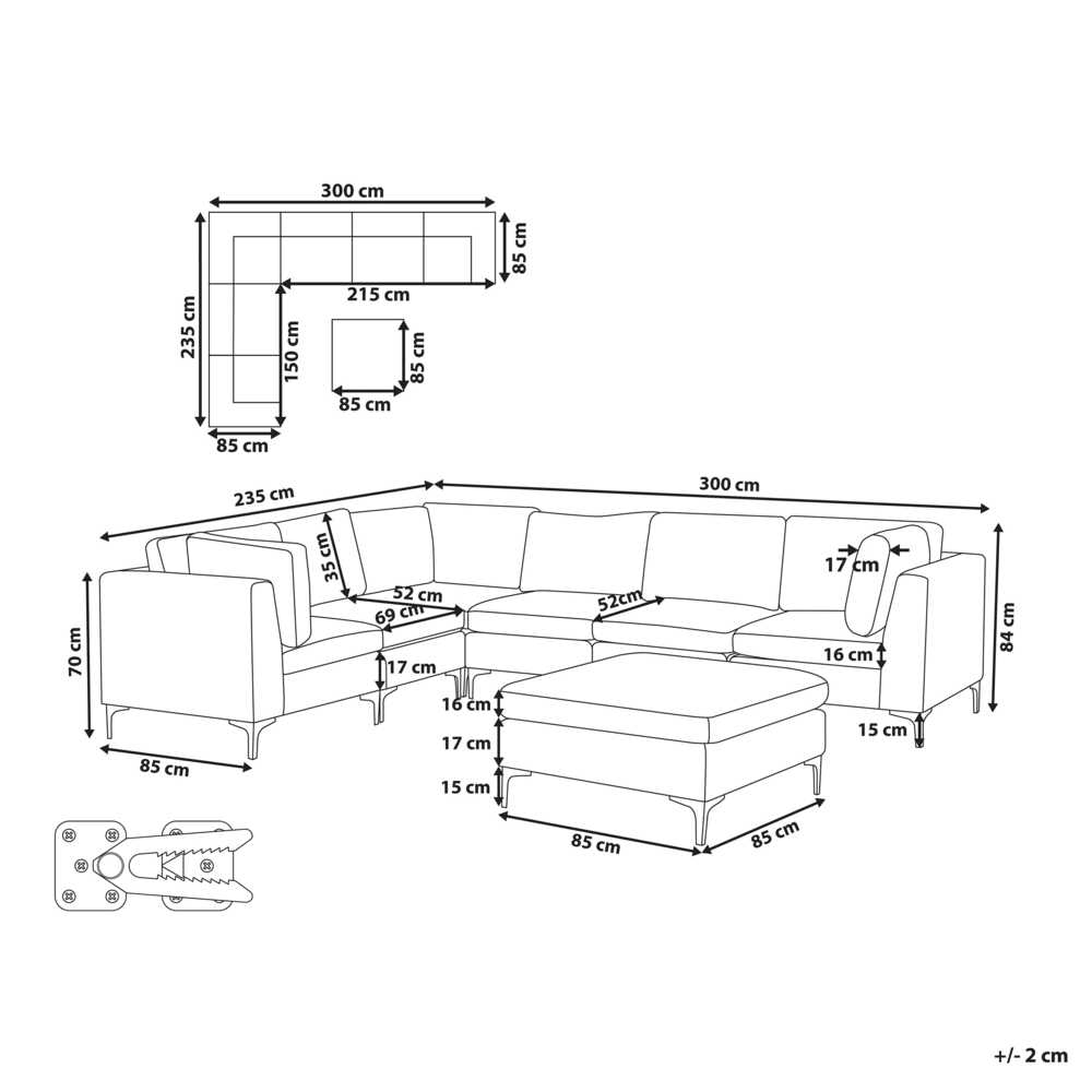Beliani Modulinė kampinė sofa 6 vietų EVJA su otomana, tamsiai mėlynas veliūras, dešininė