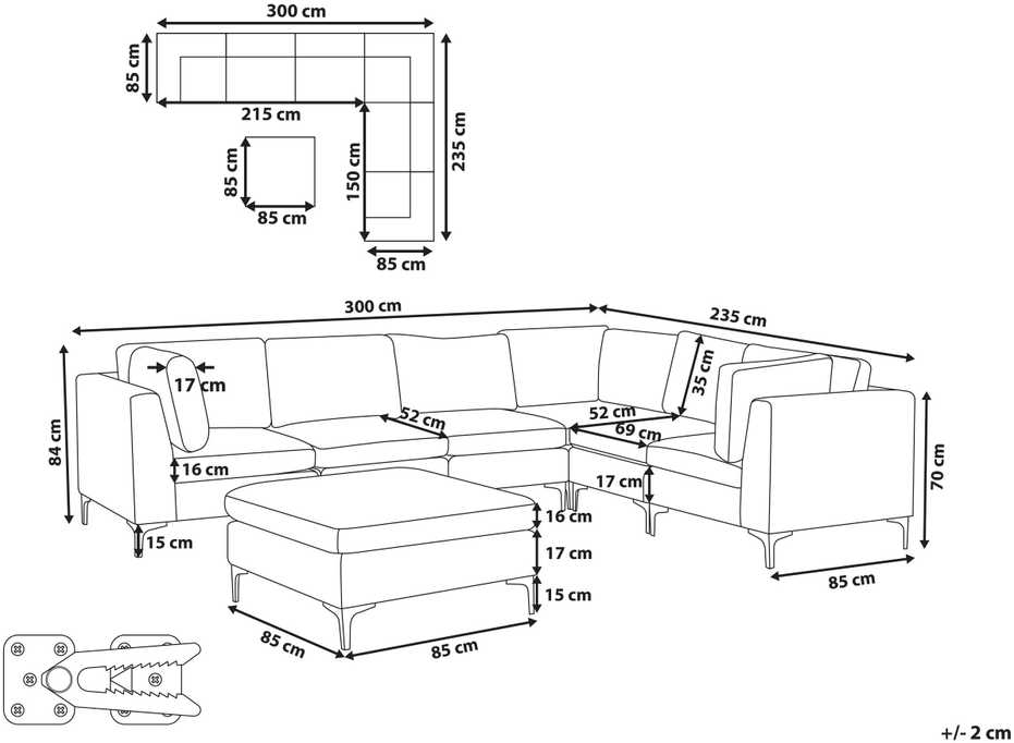 Beliani 6 vietų modulinė kampinė sofa EVJA su pufu, tamsiai mėlynas veliūras, kairinė
