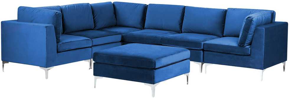 Beliani Modulinė kampinė sofa 6 vietų EVJA su otomana, tamsiai mėlynas veliūras, dešininė
