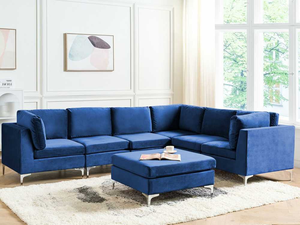 Beliani 6 vietų modulinė kampinė sofa EVJA su pufu, tamsiai mėlynas veliūras, kairinė