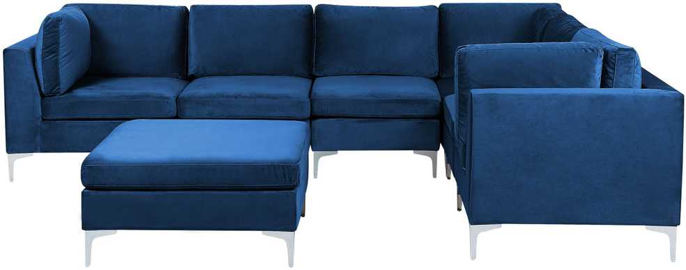 Beliani 6 vietų modulinė kampinė sofa EVJA su pufu, tamsiai mėlynas veliūras, kairinė