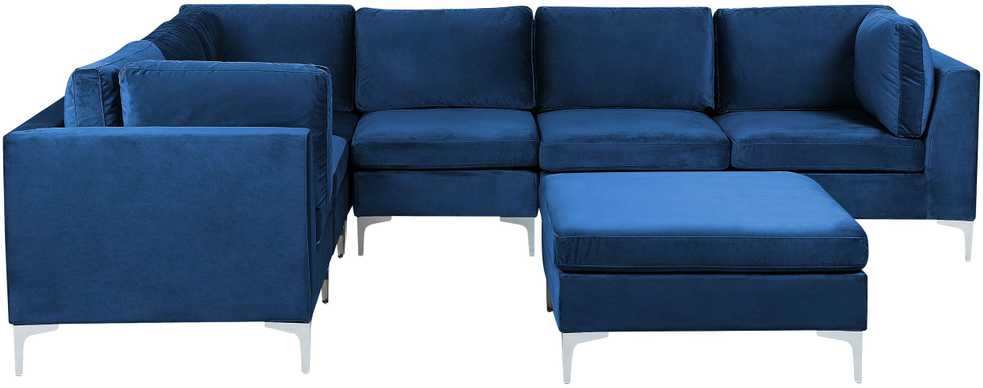 Beliani Modulinė kampinė sofa 6 vietų EVJA su otomana, tamsiai mėlynas veliūras, dešininė