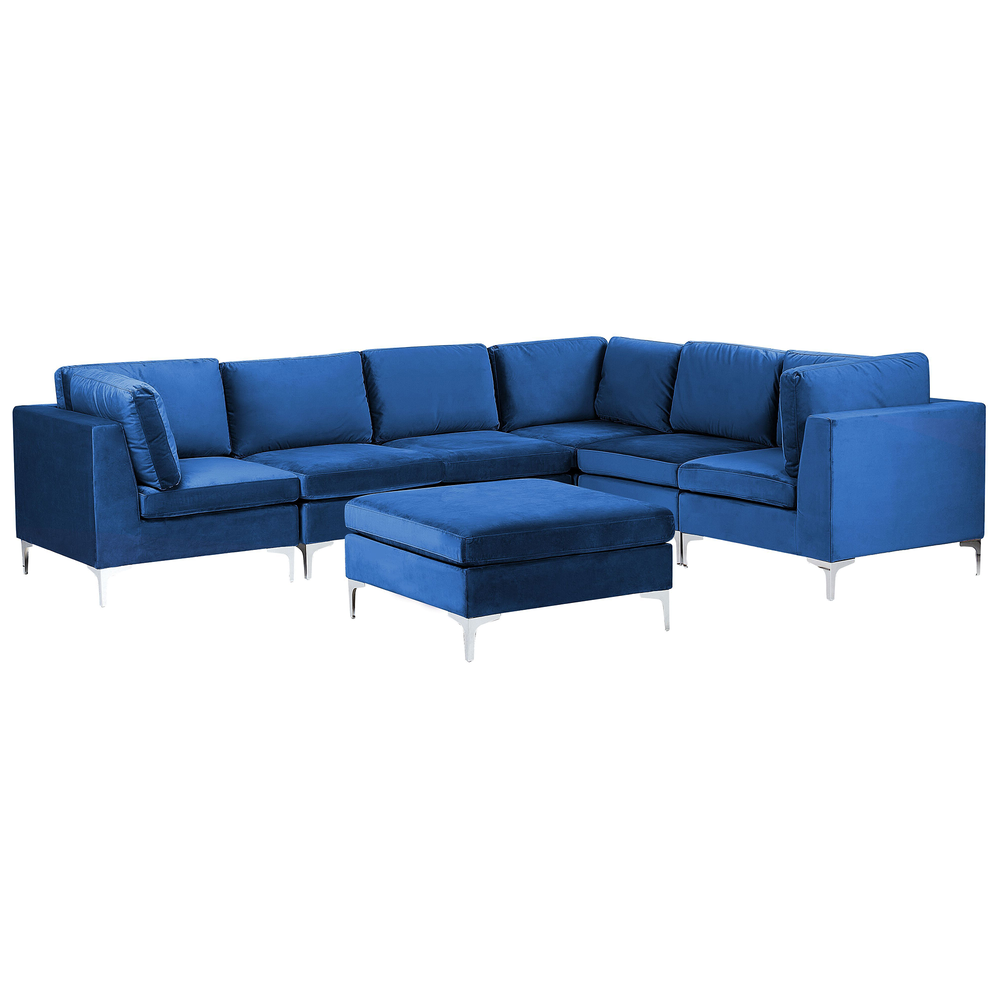 Beliani 6 vietų modulinė kampinė sofa EVJA su pufu, tamsiai mėlynas veliūras, kairinė