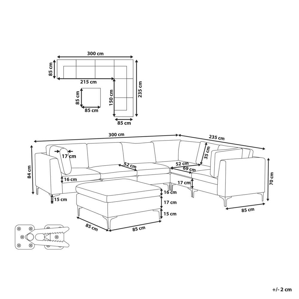 Beliani 6 vietų modulinė kampinė sofa EVJA su pufu, tamsiai mėlynas veliūras, kairinė