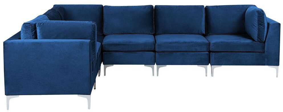 Beliani EVJA modulinė kampinė sofa 6 asmenims, mėlynas aksomas, dešininė