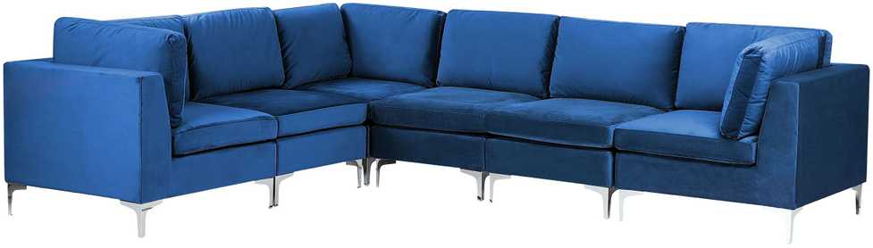 Beliani EVJA modulinė kampinė sofa 6 asmenims, mėlynas aksomas, dešininė