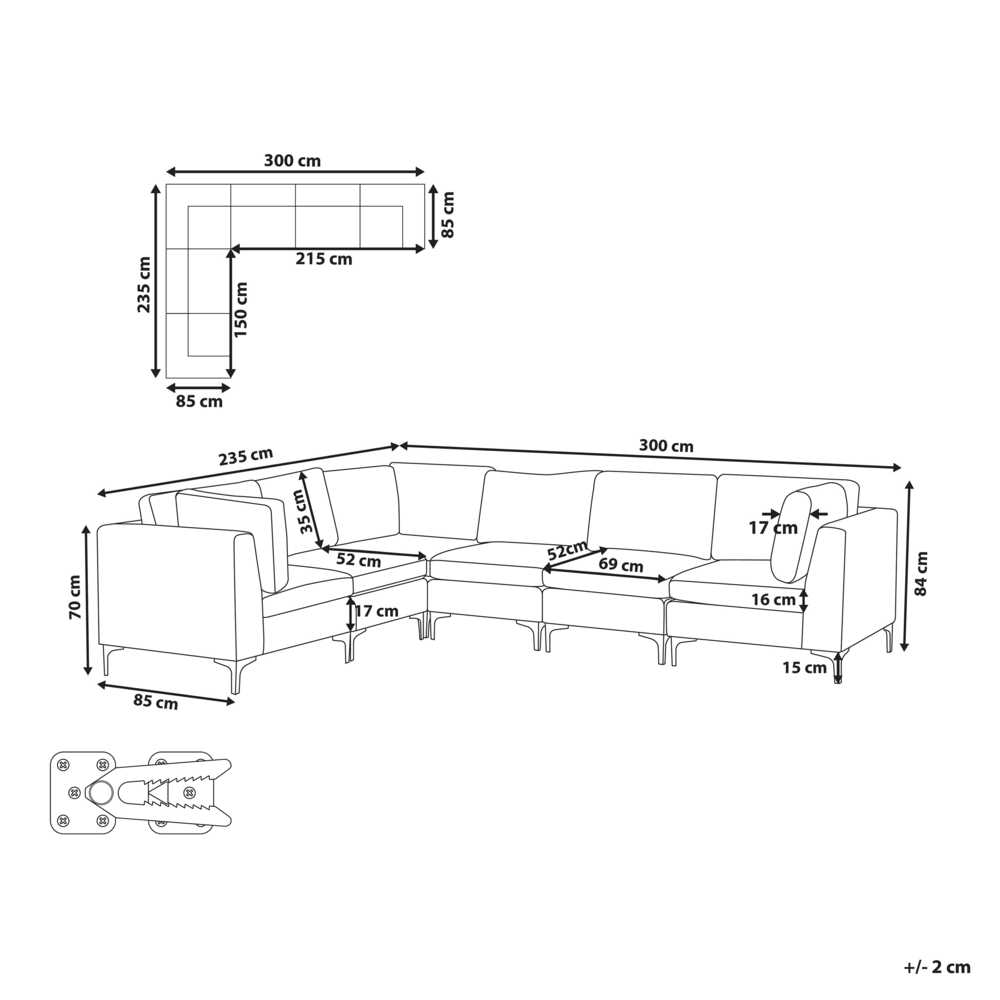 Beliani EVJA modulinė kampinė sofa 6 asmenims, mėlynas aksomas, dešininė