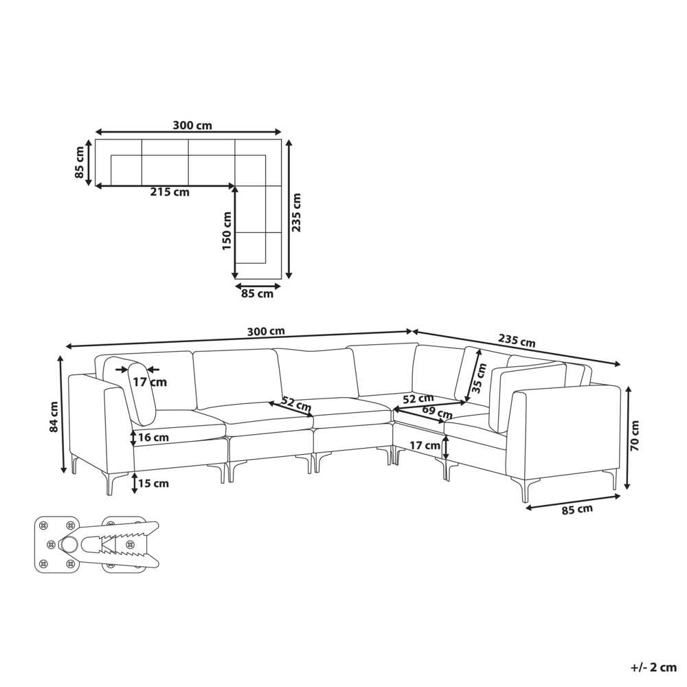 Beliani EVJA modulinė kampinė sofa 6 asmenims, tamsiai mėlyna veliūrinė, kairinė