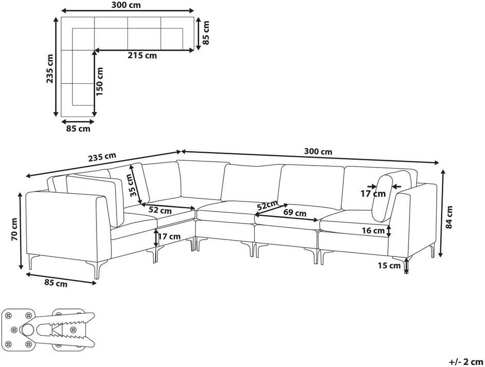 Beliani EVJA modulinė kampinė sofa 6 asmenims, mėlynas aksomas, dešininė