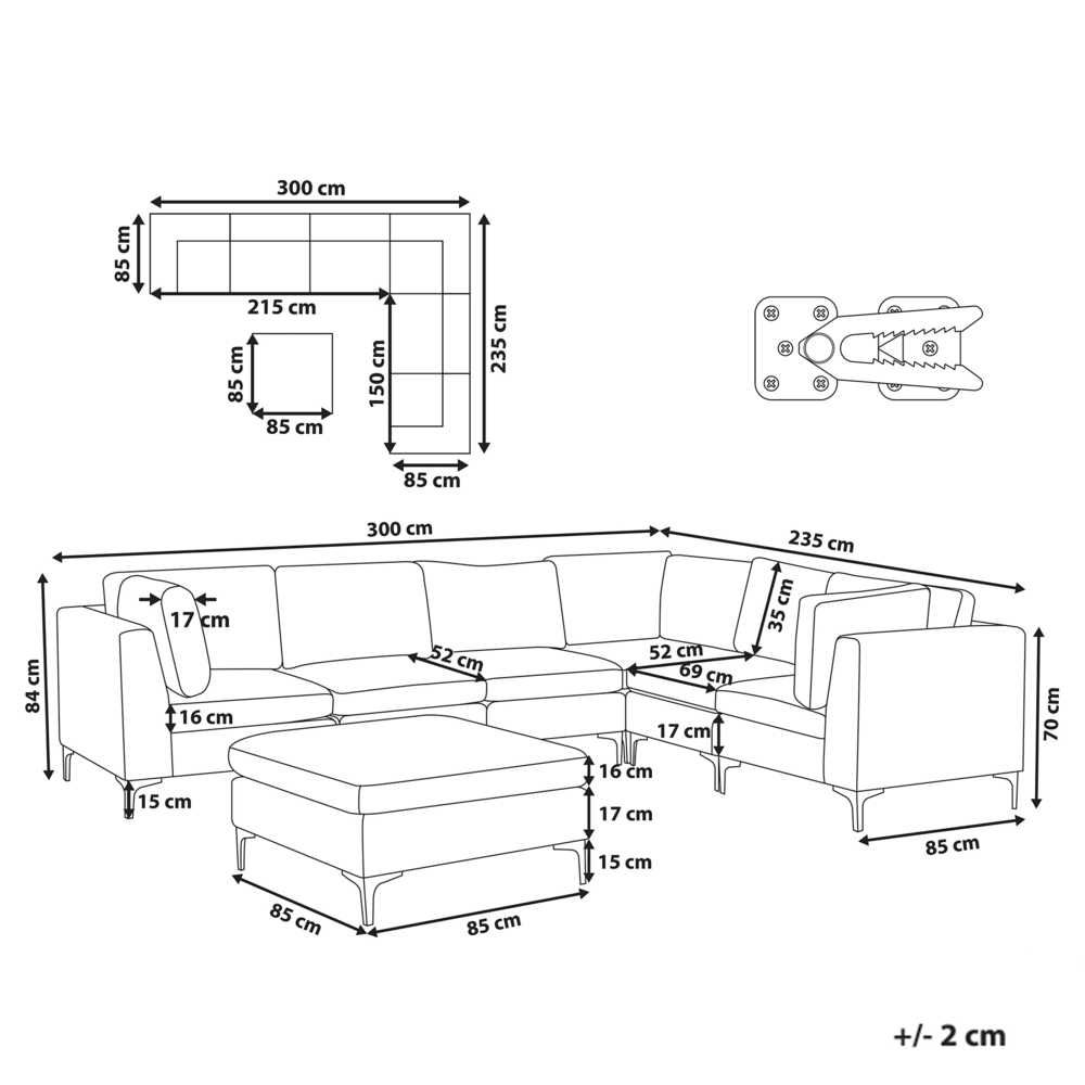 Beliani 6 vietų modulinė kampinė sofa EVJA su pufu, tamsiai mėlynas veliūras, kairinė
