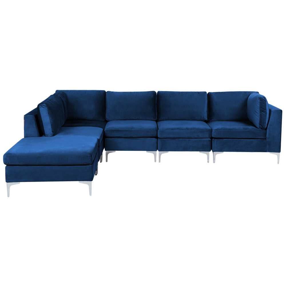 Beliani EVJA modulinė kampinė sofa 5 asmenims su pufu, mėlynas veliūras, dešininė