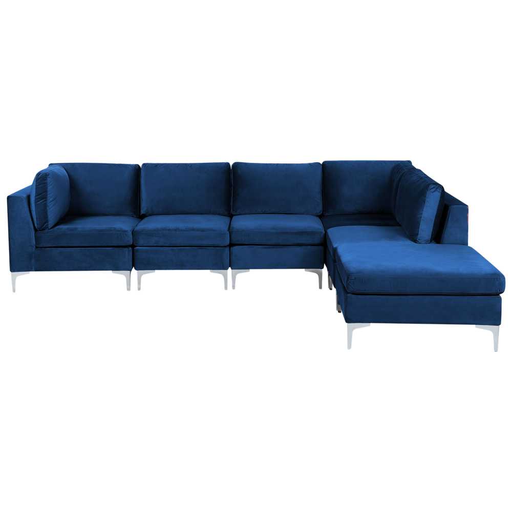 Sofa Beliani EVJA modulinis kampas 5 asmenims su pufu, tamsiai mėlynas veliūras, kairinis