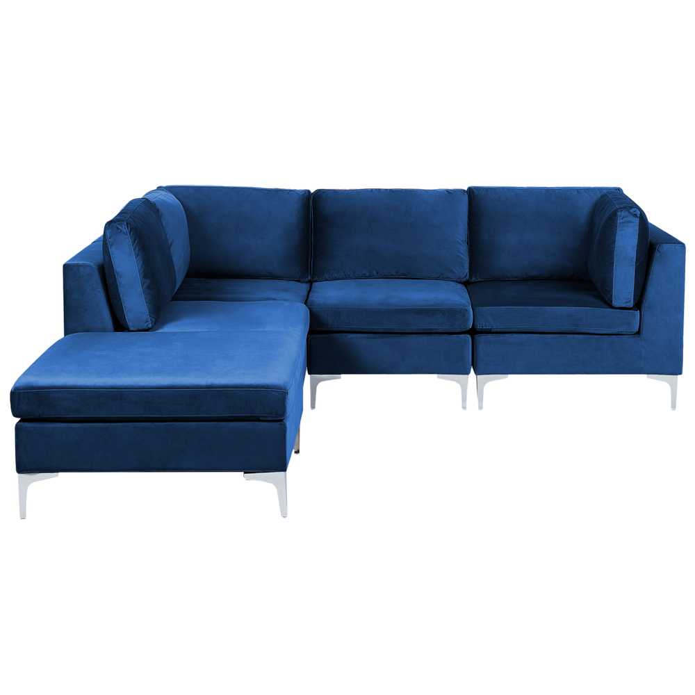 Beliani EVJA modulinė kampinė sofa 4 asmenims su pufu, aksominė, tamsiai mėlyna, dešininė
