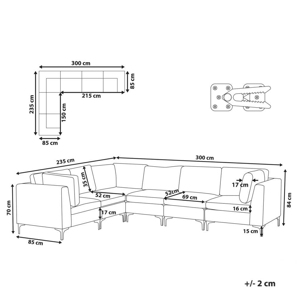 Beliani EVJA modulinė kampinė sofa 6 asmenims, mėlynas aksomas, dešininė