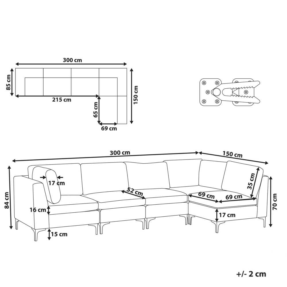 Beliani EVJA modulinė kampinė sofa 5 asmenims, tamsiai mėlyno veliūro, kairinė