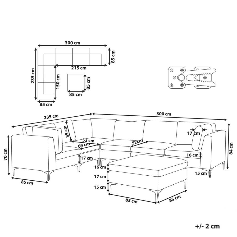 Beliani Modulinė kampinė sofa 6 vietų EVJA su otomana, tamsiai mėlynas veliūras, dešininė