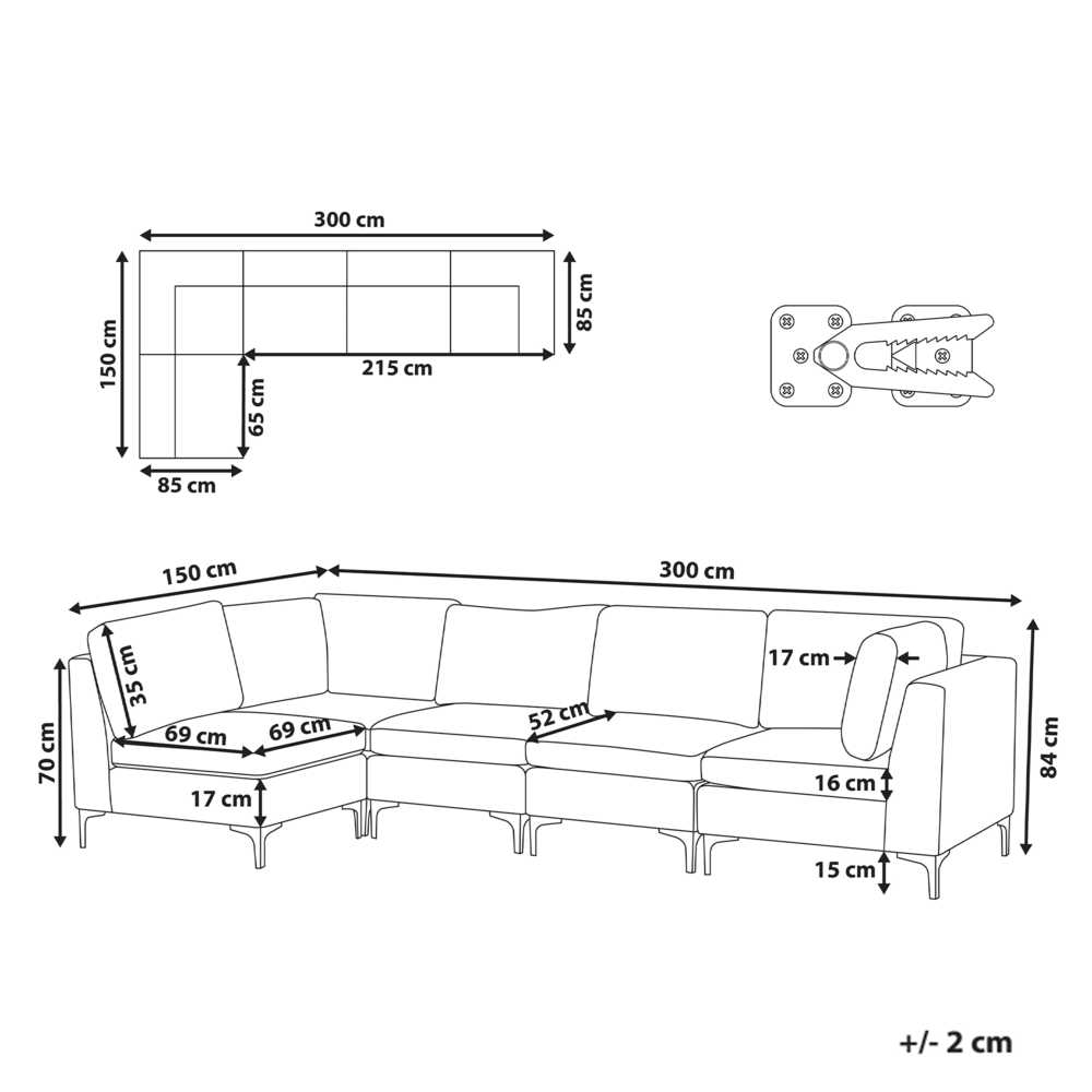 Beliani Modulinė kampinė sofa 5 asmenims EVJA, tamsiai mėlynas veliūras, dešininė