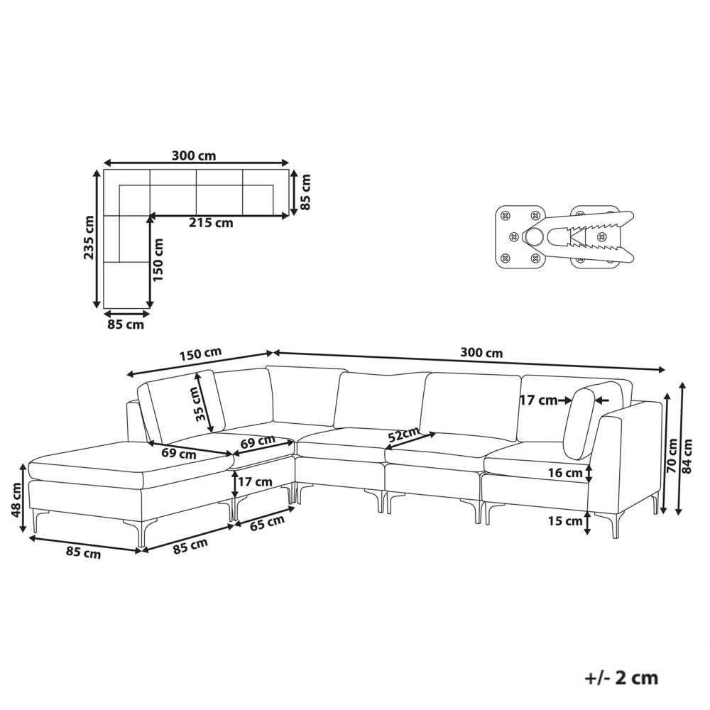 Beliani EVJA modulinė kampinė sofa 5 asmenims su pufu, mėlynas veliūras, dešininė