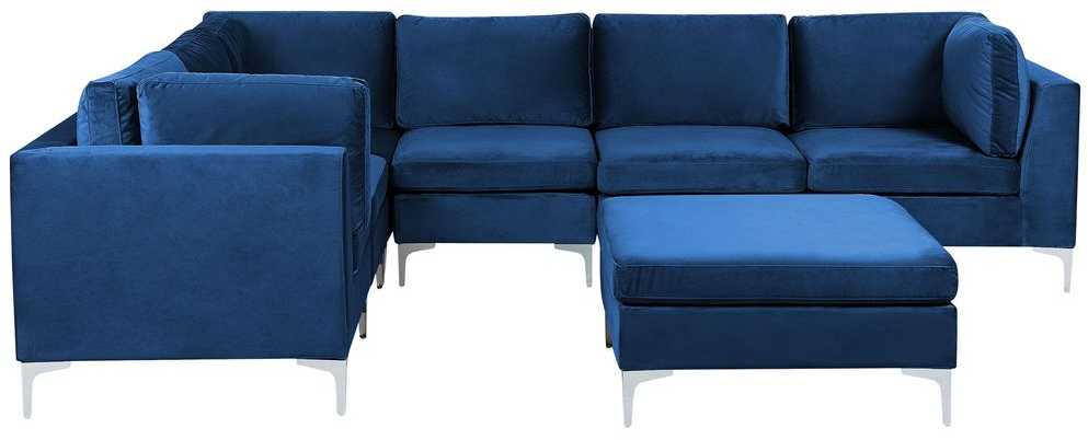 Beliani Modulinė kampinė sofa 6 vietų EVJA su otomana, tamsiai mėlynas veliūras, dešininė