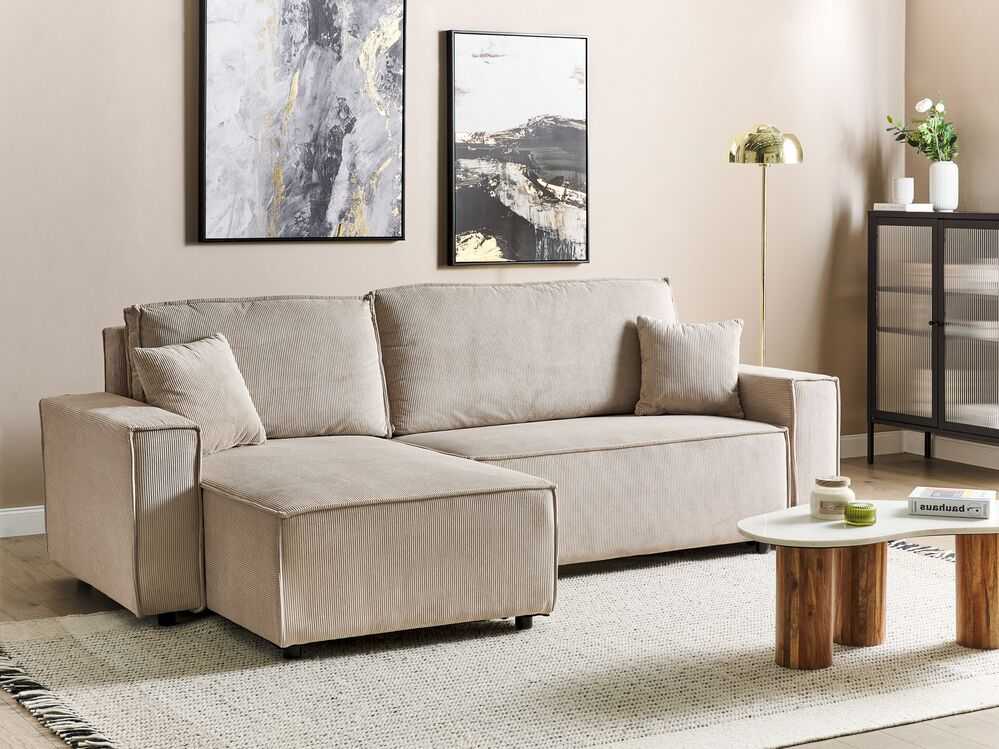 Beliani Išskleidžiama kampinė sofa ABACKA, Velvetas, Smėlio spalva, Dešininė