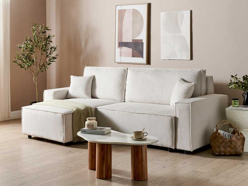 Beliani Išskleidžiama kampinė sofa ABACKA, 3 vietų, velvetinė, kreminė balta, dešininė