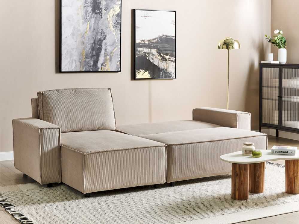 Beliani Išskleidžiama kampinė sofa ABACKA, Velvetas, Smėlio spalva, Dešininė