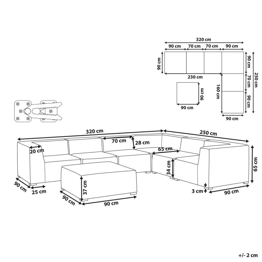 Lauko baldų komplektas Beliani Sodo kampinė sofa su pufu 7 asmenims AREZZO kairinė šviesiai pilka modulinė