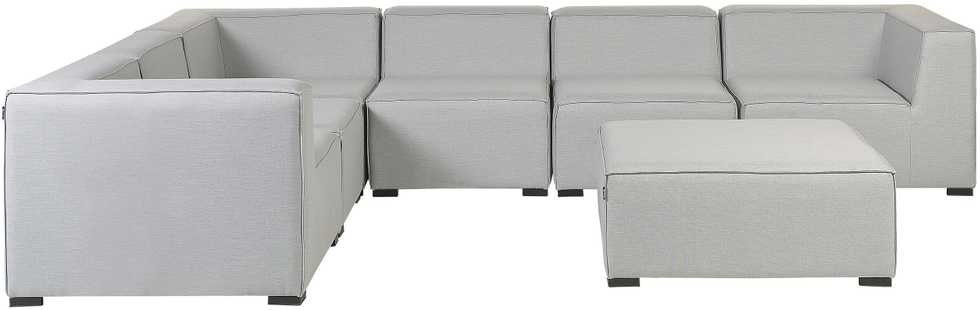 Lauko baldų komplektas Beliani Sodo kampinė sofa su pufu 7 asmenims AREZZO kairinė šviesiai pilka modulinė