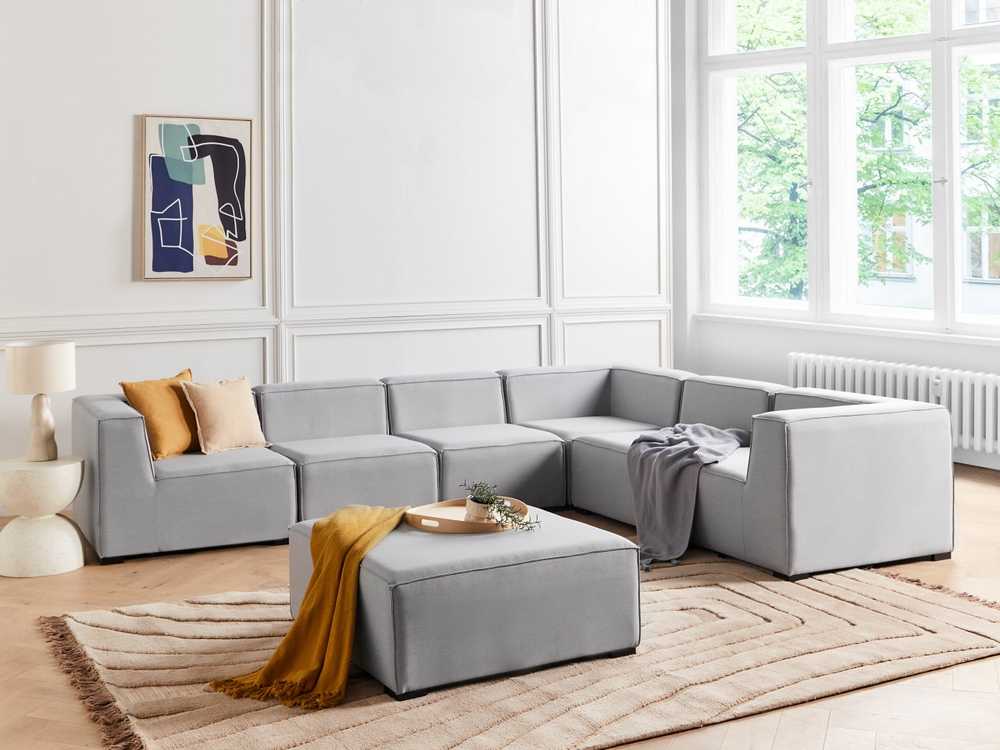 Lauko baldų komplektas Beliani Sodo kampinė sofa su pufu 7 asmenims AREZZO kairinė šviesiai pilka modulinė