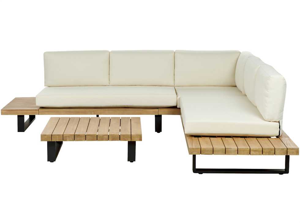 Lauko baldų komplektas Beliani Sodo kampinė sofa su staliuku 5 asmenims MYKONOS dešininė, kreminės spalvos, sertifikuota akacijos mediena