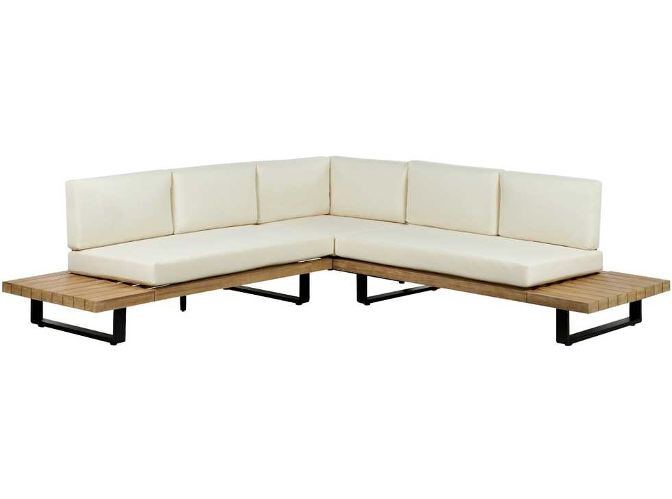 Lauko baldų komplektas Beliani Sodo kampinė sofa su staliuku 5 asmenims MYKONOS dešininė, kreminės spalvos, sertifikuota akacijos mediena