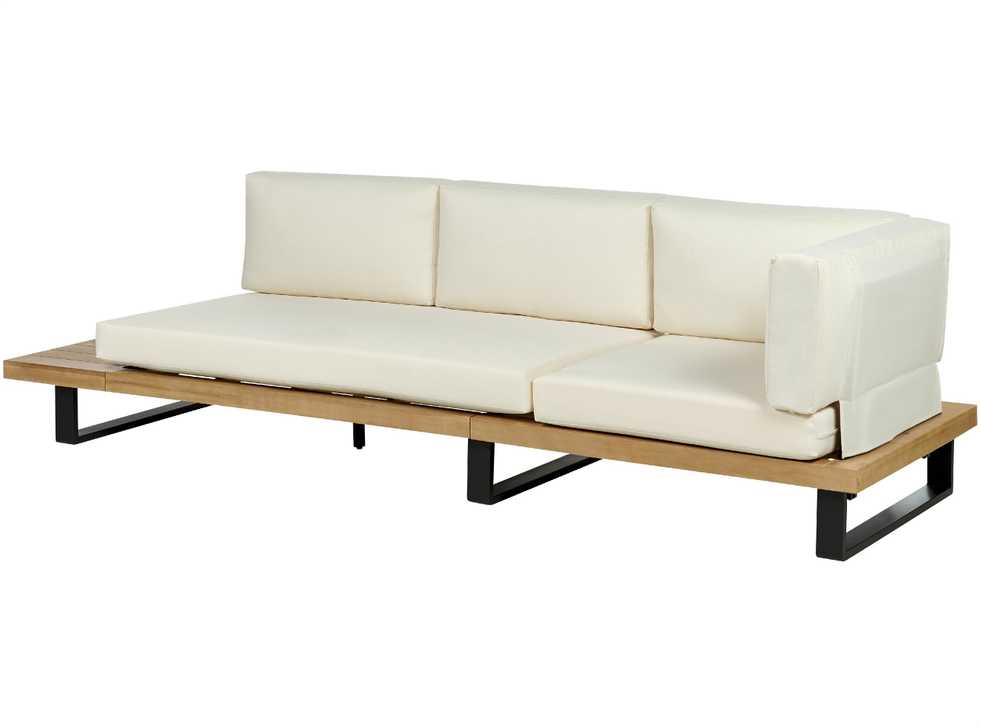 Lauko baldų komplektas Beliani Sodo kampinė sofa su staliuku 5 asmenims MYKONOS dešininė, kreminės spalvos, sertifikuota akacijos mediena