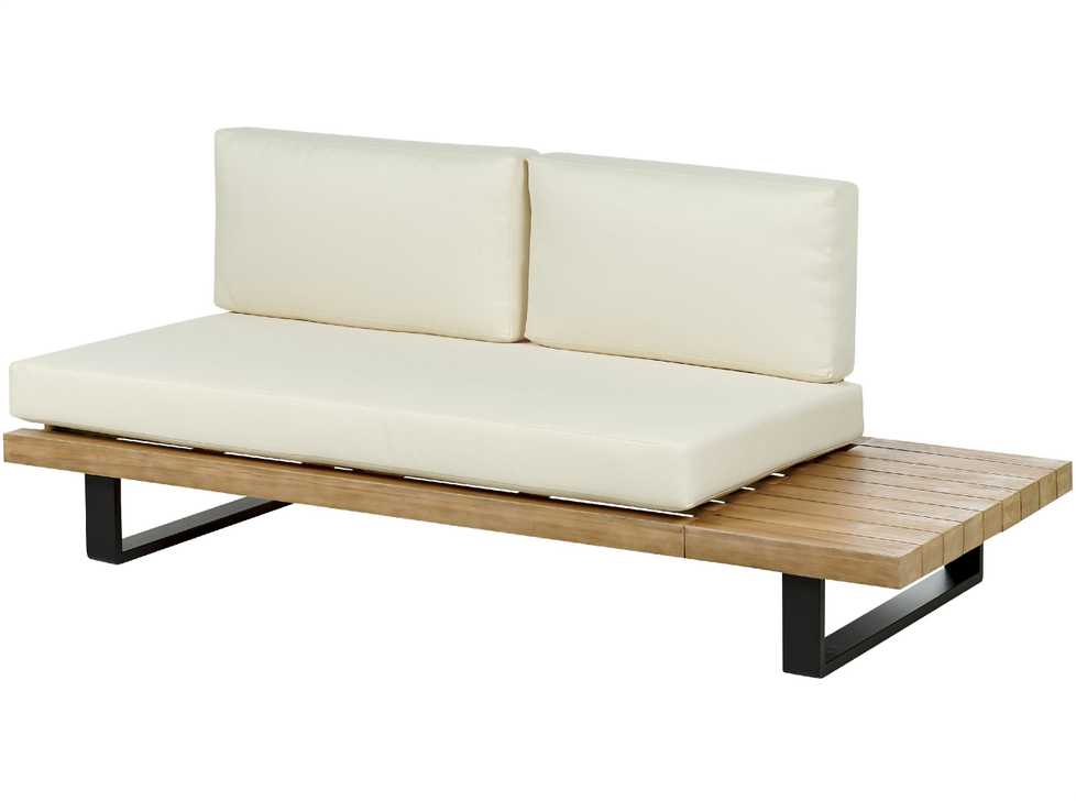 Lauko baldų komplektas Beliani Sodo kampinė sofa su staliuku 5 asmenims MYKONOS dešininė, kreminės spalvos, sertifikuota akacijos mediena
