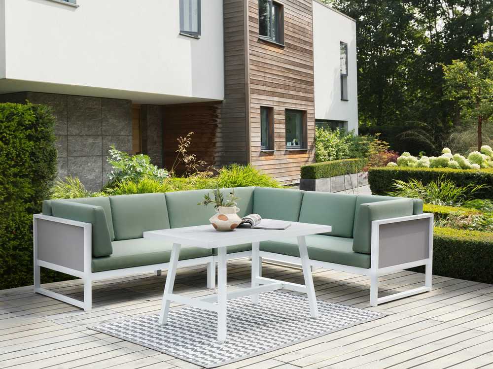 Lauko baldų komplektas Beliani Sodo kampinė sofa su stalu 6 asmenims CASTELLA/FRATTE kairinė, žalia, metalinė