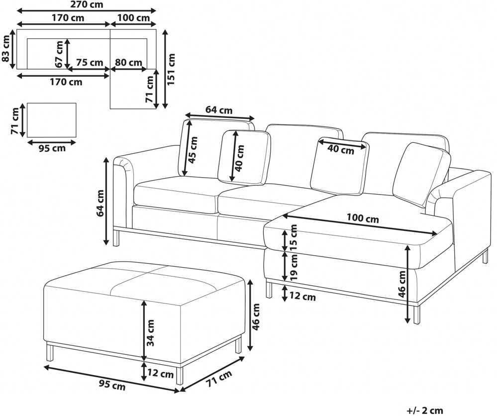 Sofa Beliani Kampas 5 asmenims OSLO, natūrali oda, juodas su otomane, kairinis