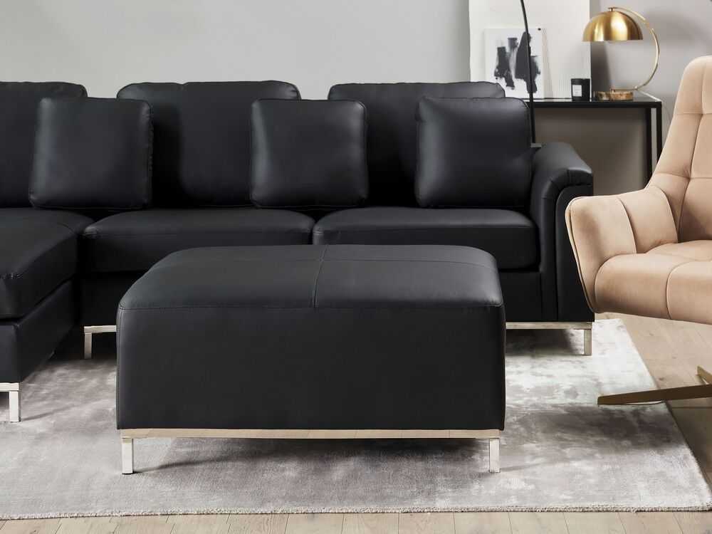 Beliani 5 vietų kampinė sofa OSLO, natūrali oda, juoda su otomanu, dešininė