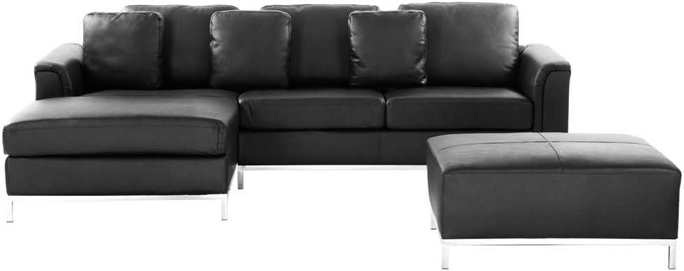 Beliani 5 vietų kampinė sofa OSLO, natūrali oda, juoda su otomanu, dešininė