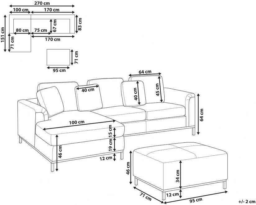 Beliani 5 vietų kampinė sofa OSLO, natūrali oda, juoda su otomanu, dešininė