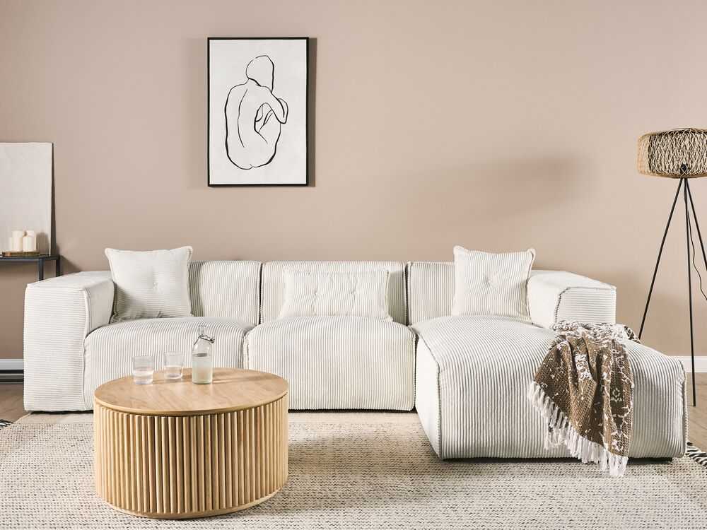 Beliani 3 vietų kampinė sofa DOLVA, velvetas, kreminė balta, kairinė