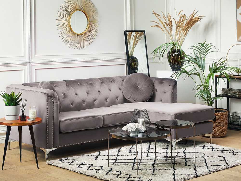 Beliani Trivietė kampinė sofa FLEN, veliūrinė, pilka, L-formos