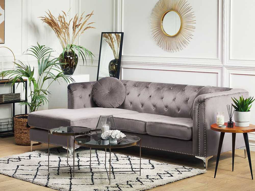 Beliani Trivietė kampinė sofa FLEN veliūrinė pilka