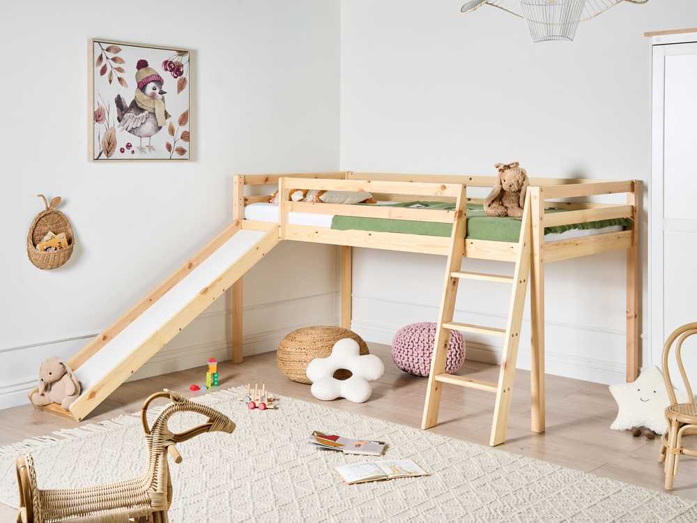 Beliani Dviaukštė lova iš pušies medienos STAPLE 90 x 200 cm su čiuožykla, šviesiai ruda