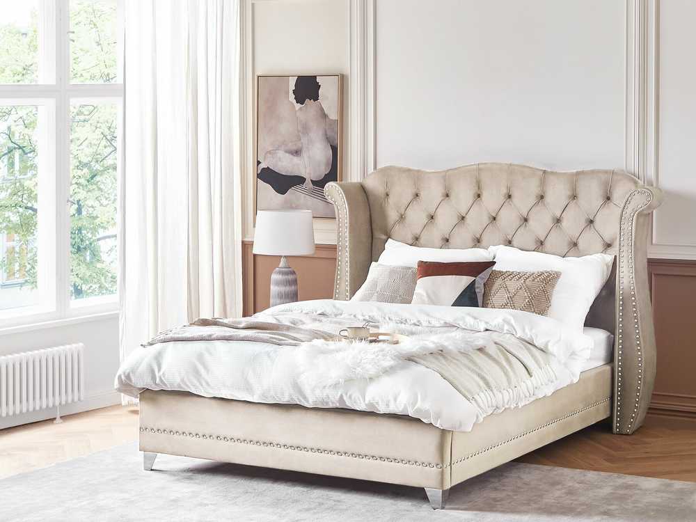 Beliani Velvetinė lova AYETTE 160 x 200 cm smėlio spalvos