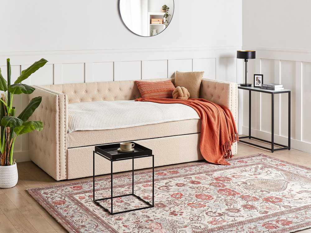 Beliani Ištraukiama lova GASSIN 90 x 200 cm, šviesiai smėlio spalvos boucle audinys