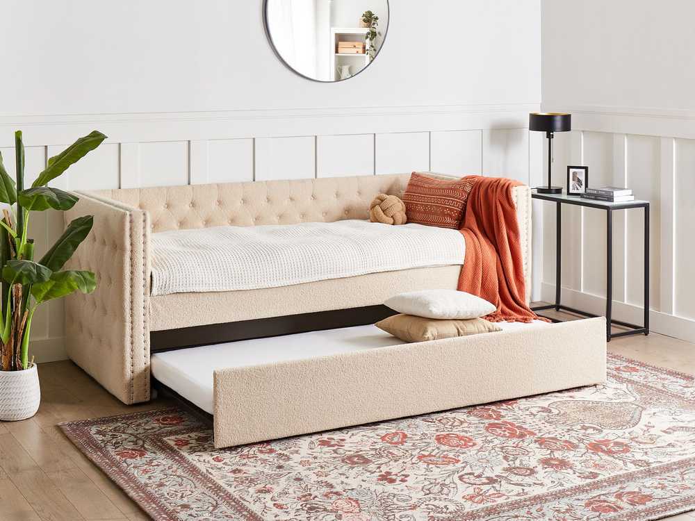 Beliani Ištraukiama lova GASSIN 90 x 200 cm, šviesiai smėlio spalvos boucle audinys